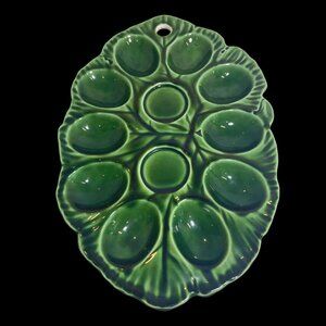 Vintage Green Ceramic Deviled Egg Plate Tray With 12 Egg Slots & Center Well 10.
